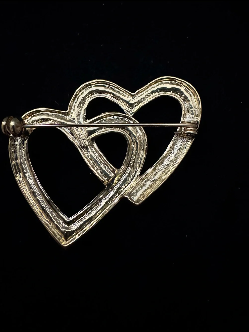 Roman Interlocking Double Heart Brooch with Pave’ Style Rhinestones in Gold Tone